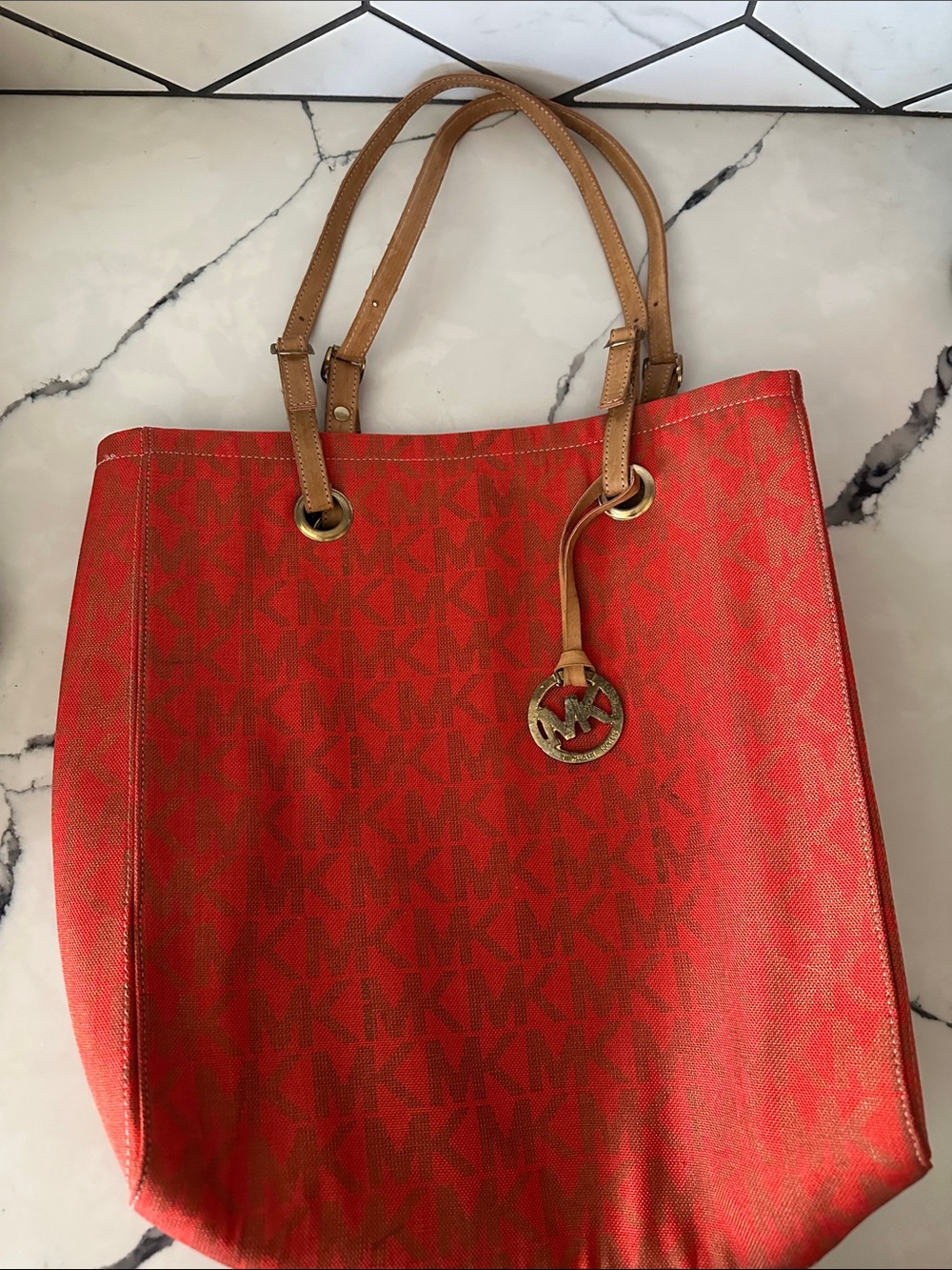 Michael Kors Red Logo Tote with Tan Leather Handles and Gold Charm